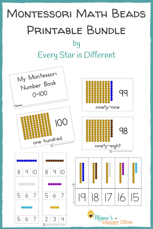 Montessori Math Beads Bar Printable Bundle with Numbers 0100