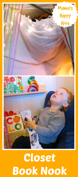 Gain ideas on how to create a kid friendly reading rainbow closet fort. This is a cozy book nook for a young child to enjoy and part of the Fort Building Challenge. - www.mamashappyhive.com
