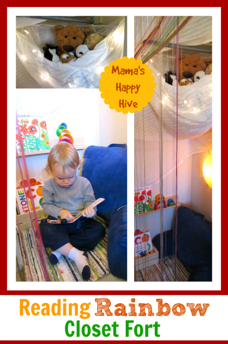 Gain ideas on how to create a kid friendly reading rainbow closet fort. This is a cozy book nook for a young child to enjoy and part of the Fort Building Challenge. - www.mamashappyhive.com