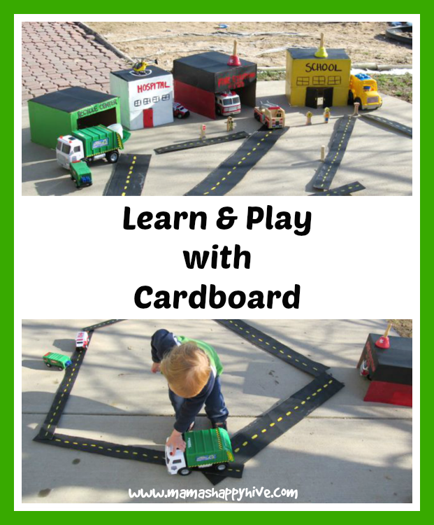 An easy DIY Cardboard Community Buildings and roads tutorial for an outdoor invitation to play activity. - www.mamashappyhive.com