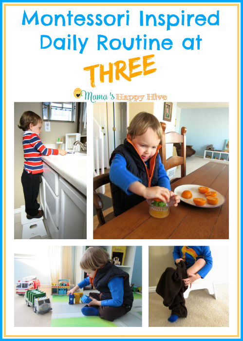 Our daily Montessori inspired routine at three is full of practical life skills, playtime, and adventure. - www.mamashappyhive.com