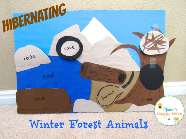 Have fun with this hibernating board with animals hidden under the following tabs - mud, burrow, log, cave, rocks, nest, and a hole in the tree. - www.mamashappyhive.com
