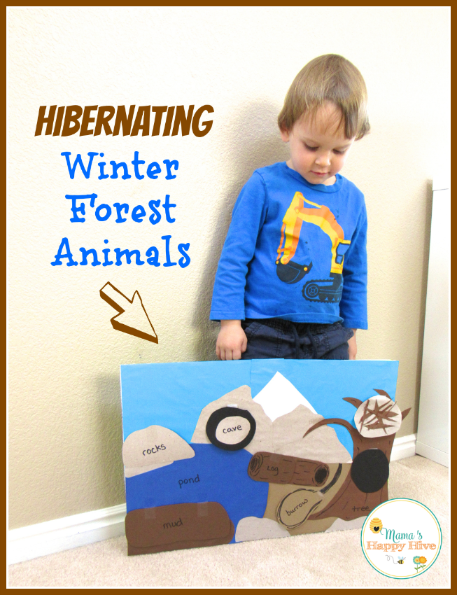 Have fun with this hibernating board with animals hidden under the following tabs - mud, burrow, log, cave, rocks, nest, and a hole in the tree. - www.mamashappyhive.com