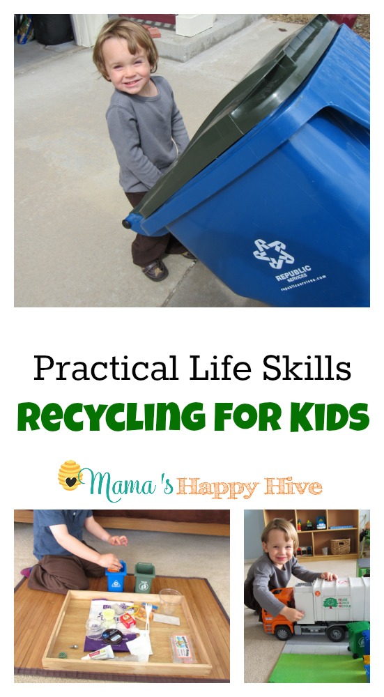 Enjoy 6 Montessori Inspired activities that teach practical life skills and recycling for kids. - www.mamashappyhive.com