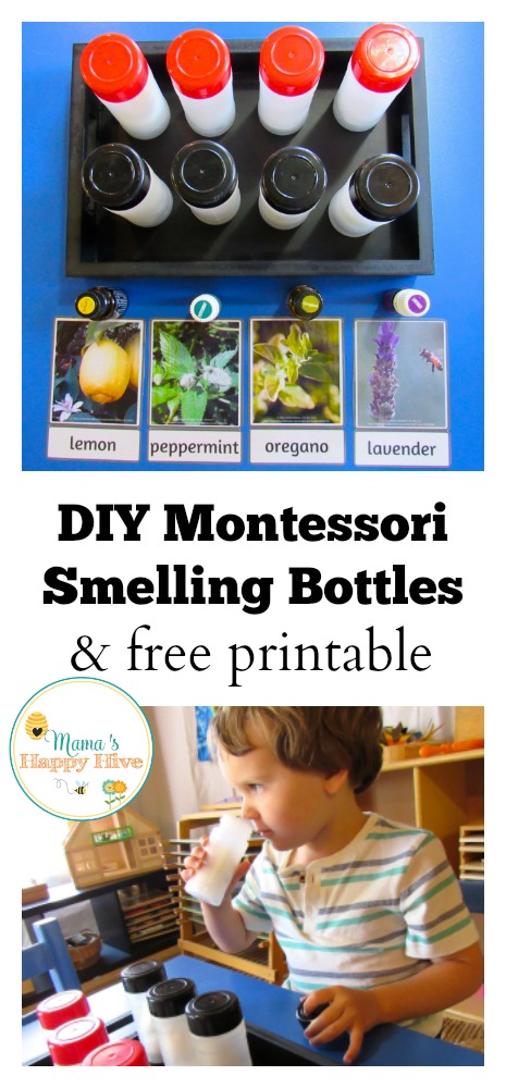 These simple DIY Montessori smelling bottles are made from recycled plastic spice/herb jars. Also included is a free herb printable to match the smells. - www.mamashappyhive.com