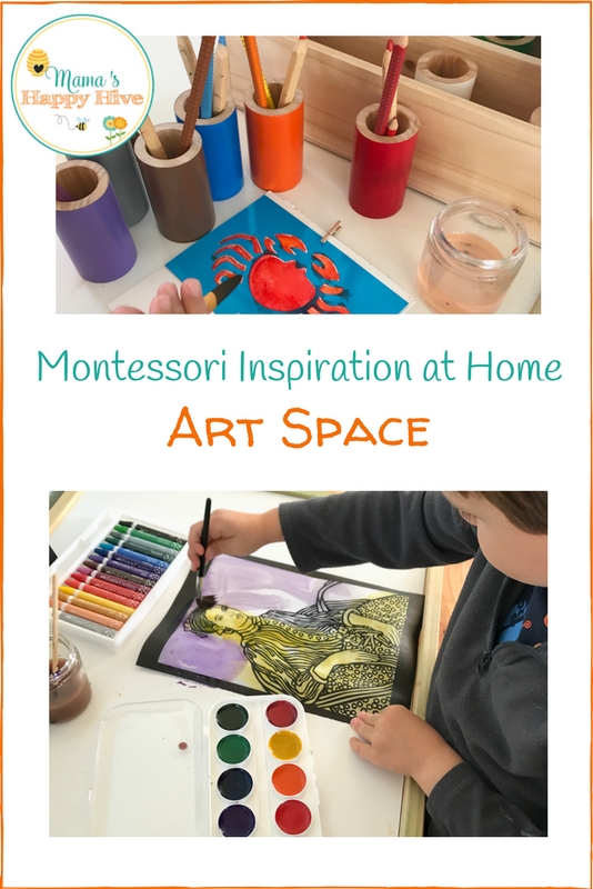 Step into our Montessori Art Space at Home! We will share our favorite art supply materials list and several ways we enjoy art in our home. - www.mamashappyhive.com