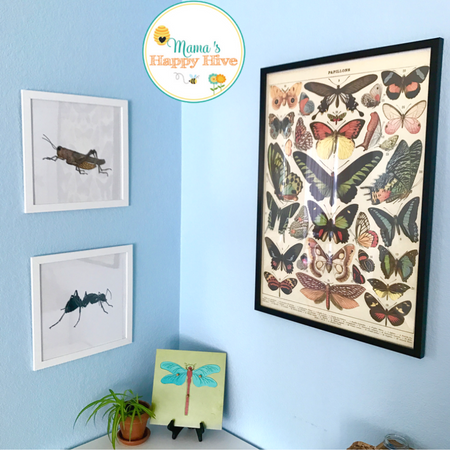 Great tips for setting up a beautiful Montessori inspired homeschool space that includes a preschool supply list. Also, a free insect art printable!