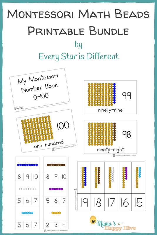 Montessori Math Beads Bar Printable Bundle with Numbers 0-100