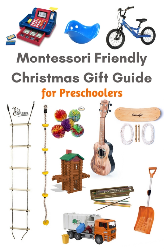 This Montessori friendly Christmas gift guide includes gifts that are gender neutral, categorized by development, and includes ages from infant to 5 years. #montessori #christmas #giftguide #handsonlearning www.mamashappyhive.com