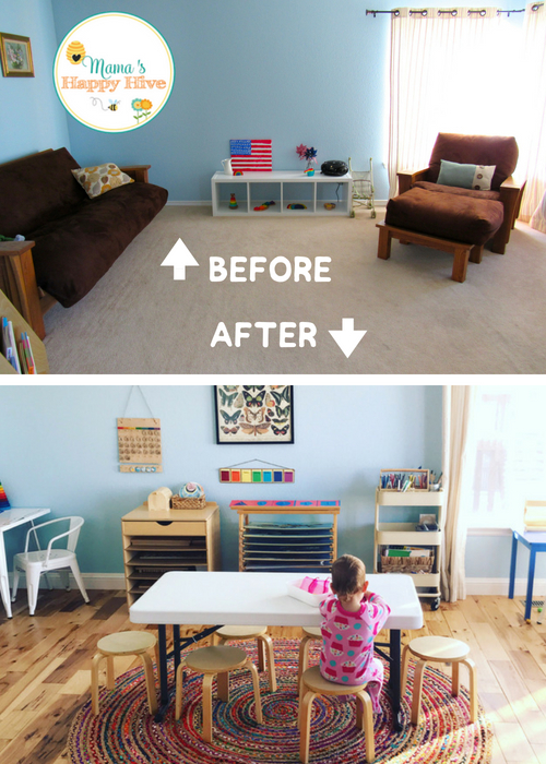Step into our home and see how our Montessori homeschool space has morphed over time from the unfinished basement to the family room. Also, information about our Montessori inspired monthly co-op and set-up with materials. - www.mamashappyhive.com